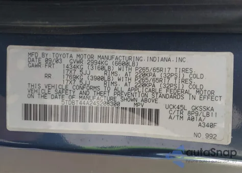 2004 Toyota Sequoia Sr5 V8 из США, поврежденный, VIN 5TDBT44A24S208300